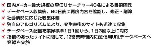 国内メーカー最大規模の専任リサーチャー40名による目視確認 データベース収集後、90日後に再度内容を確認し、修正・削除 社会情勢に応じた収集体制 独自のアルゴリズムにより、発生直後のサイトも迅速に収集 データベース配信を業界標準1日1回から、1日3回以上に対応 指摘のあったサイトに関して、12営業時間内に配信用URLデータベースへ登録を実施