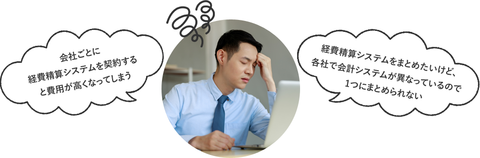 会社ごとに経費精算システムを契約すると費用が高くなってしまう、経費精算システムをまとめたいけど、各社で会計システムが異なっているので1にまとめられない